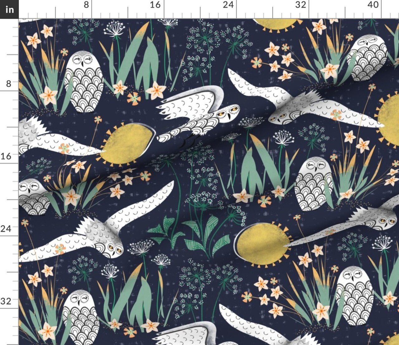 Various Fabrics by the Yard or Fat Quarter Snowy Owls Botanical Folk Art Xl Scale Jumbo Mid Century Queen Anne Lace Cottagecore Custom Printed Fabric by Spoonflower